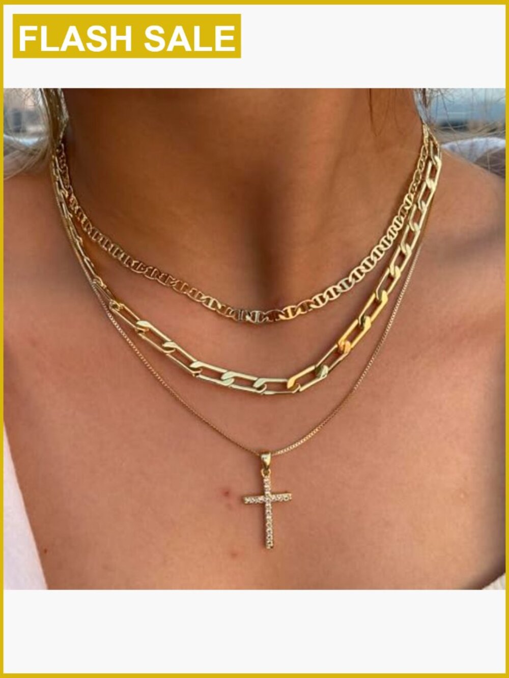 Stackable Layered Cross Necklace Set Dainty Gold Pendant CZ Jewelry Gift - Picture 3 of 7
